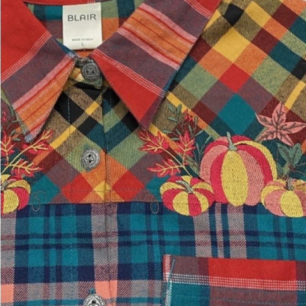 NWT Blair Pumpkin Women's Colorful
Embroidered Plaid Flannel Shirt Shacket